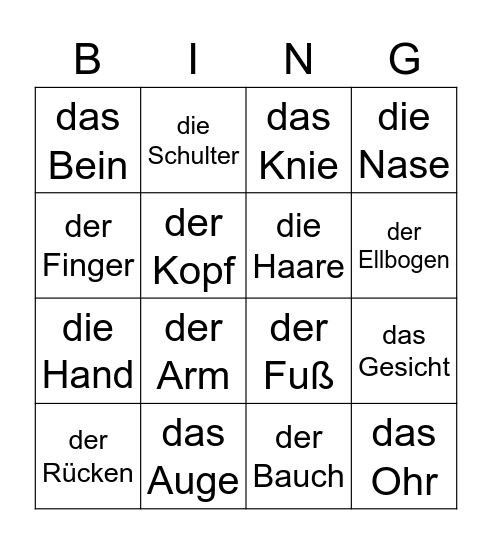 Bingo des Körpers Bingo Card