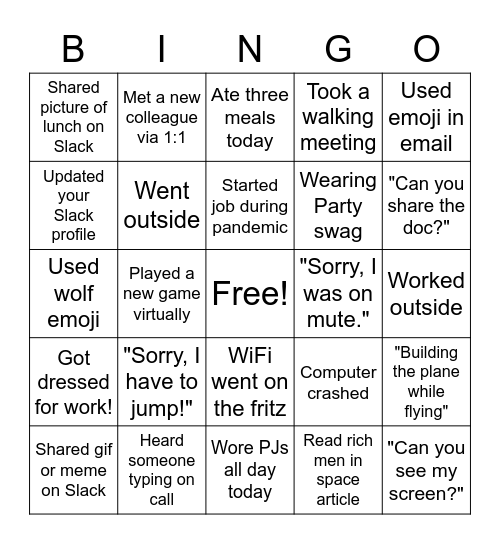 Virtual Staff Retreat BINGO Card