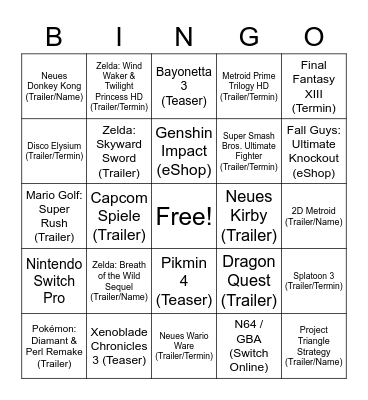 Nintendo E3 Bingo Card