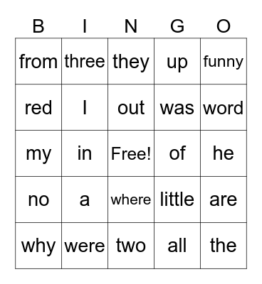 Sight Words Bingo Card