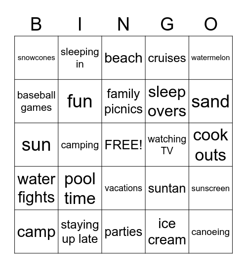 Summer Vacation Bingo Card