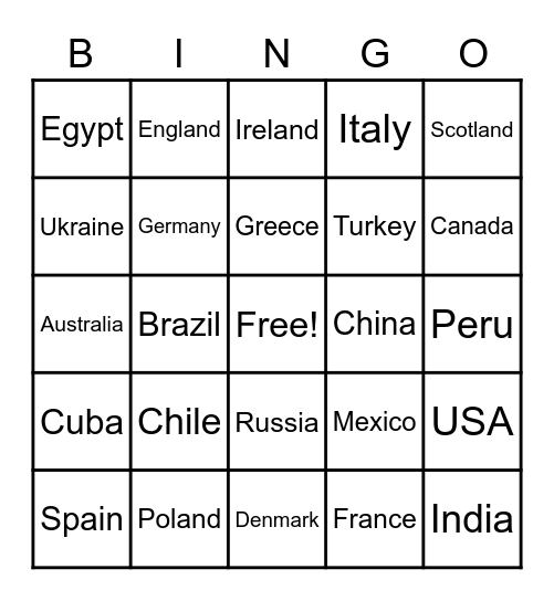 Country Bingo Card