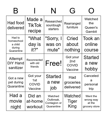 End-Of-Quarantine Bingo Card