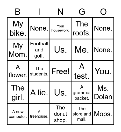 Direct & Indirect Objects Bingo Card