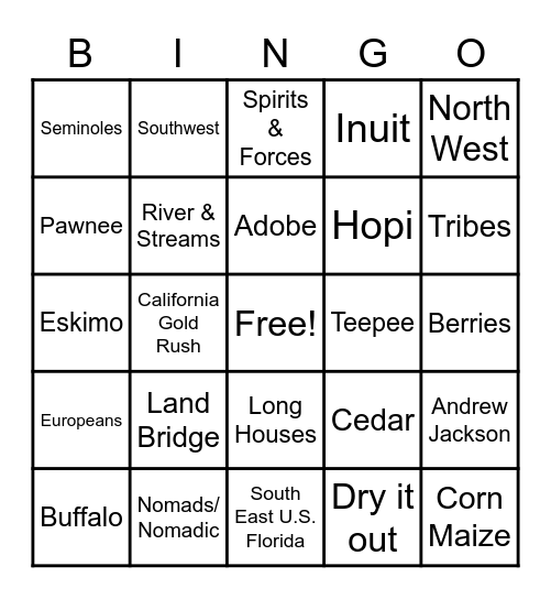 Native American Bingo Card