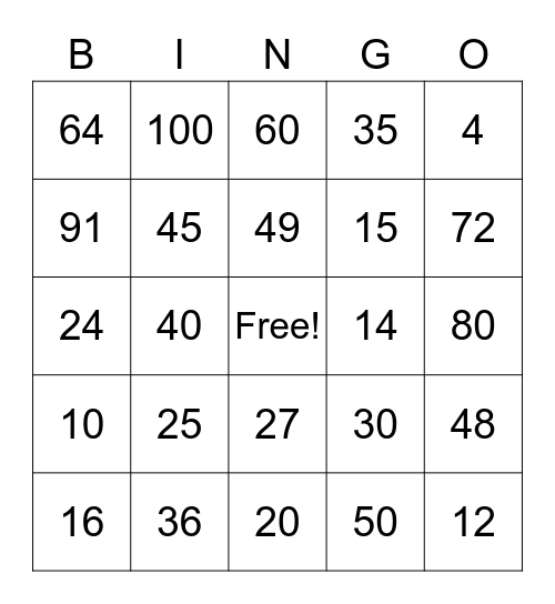 Multiplication Practice Bingo Card