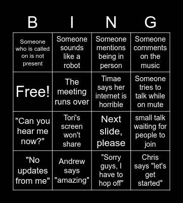 June 2021 Team Meeting Bingo Card