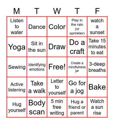Mindfulness Bingo Card