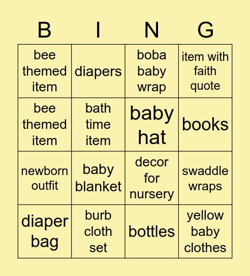 Lohman Baby Shower Bingo Card