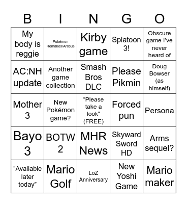 Nintendo Direct E3 2021 Bingo Card