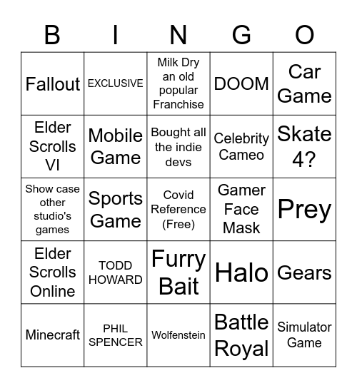 Xbox & Bethesda Bingo Card