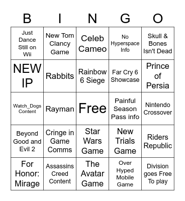 Ubisoft E3 2021 Bingo Card