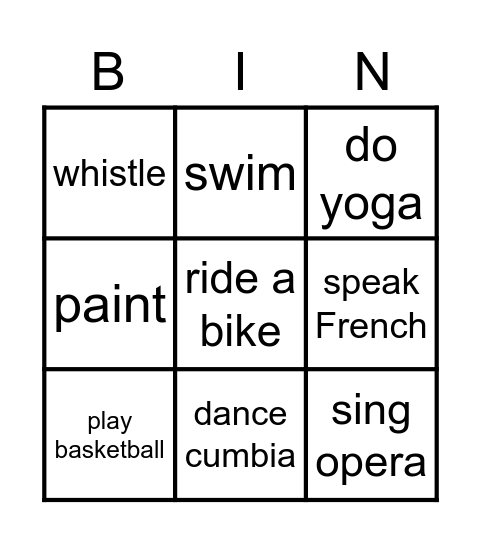 activities Bingo Card