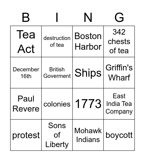 Boston Tea Party Bingo Card