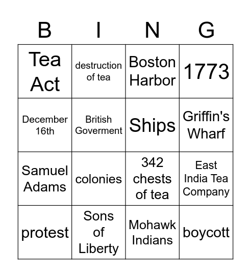 Boston Tea Party Bingo Card