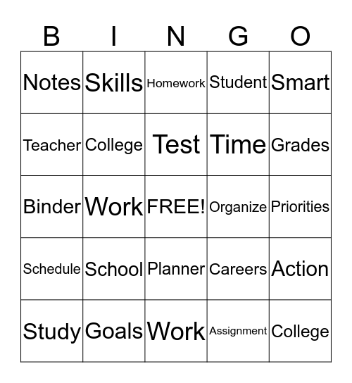 Study Skills Bingo Card