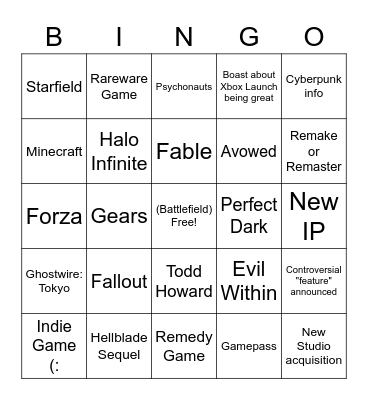 Xbox E3 2021 Bingo Card