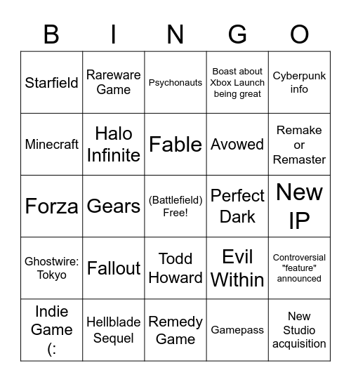 Xbox E3 2021 Bingo Card