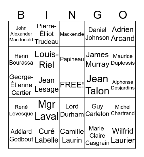 Personnages ayant marqué l'histoire du Québec Bingo Card