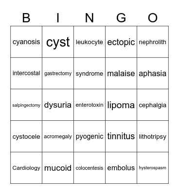 Medical Terminology Bingo Card