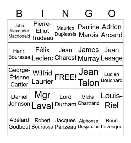 Personnages ayant marqué l'histoire du Québec Bingo Card