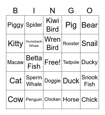 Animal Bingo Card