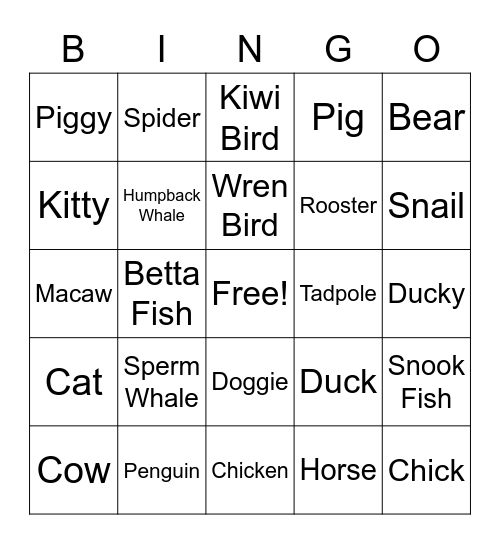Animal Bingo Card