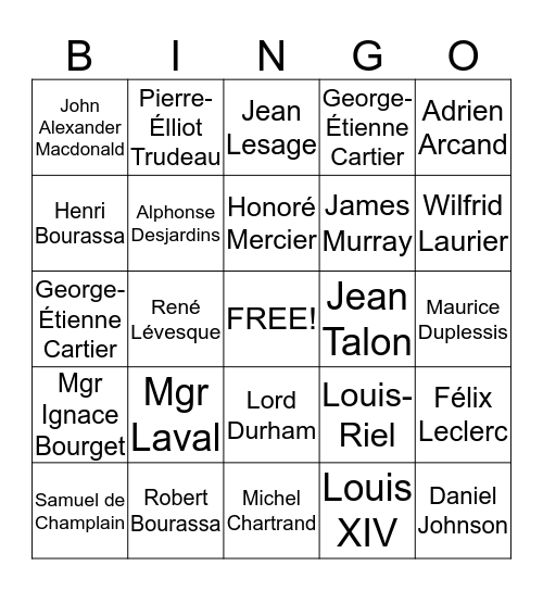 Personnages ayant marqué l'histoire du Québec Bingo Card