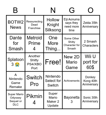 Nintendo E3 2021 Bingo Card