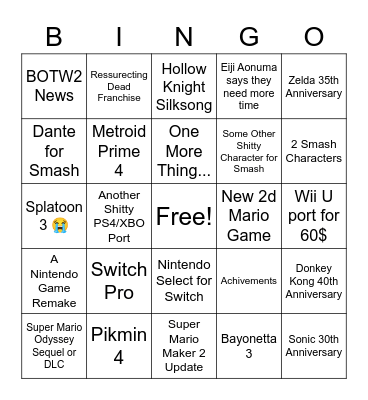 Nintendo E3 2021 Bingo Card