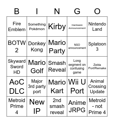 Nintendo E3 Bingo Card