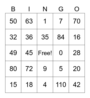 Math Facts Bingo Card