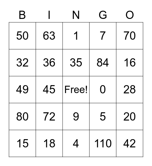 Math Facts Bingo Card