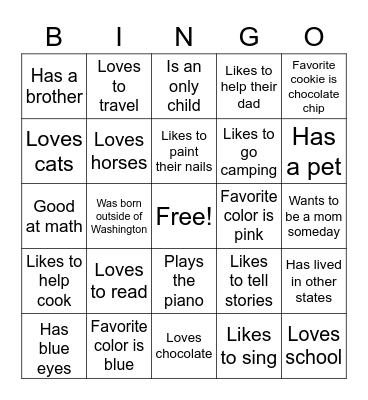 Getting acquainted for kids Bingo Card