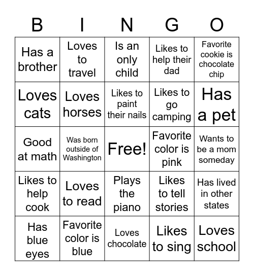 Getting acquainted for kids Bingo Card