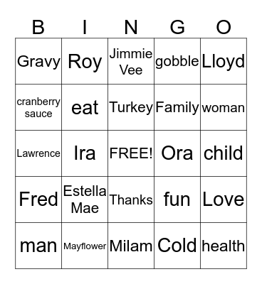 Foley Family Thanksgiving Dinner Bingo Card