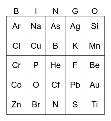 Periodic Table of Elements Bingo Card