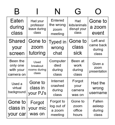 Zoom School Bingo Card