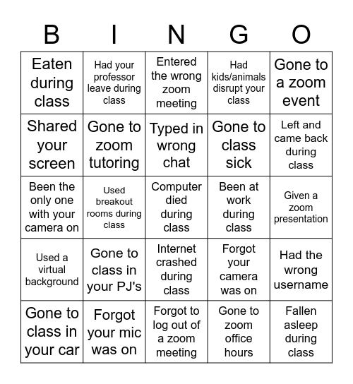 Zoom School Bingo Card