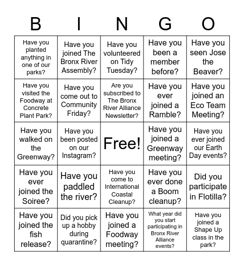 Bronx River Alliance Member Bingo Card