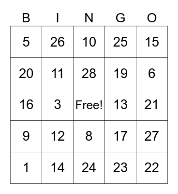 4th Grade Bingo Card