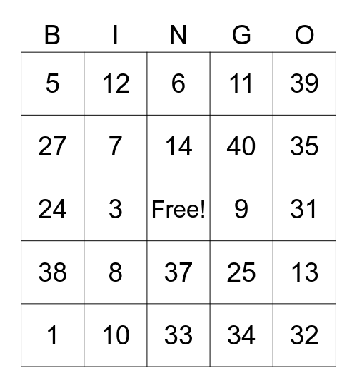 4th Grade Bingo Card