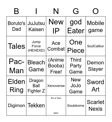 Bandi Namco Bingo Card