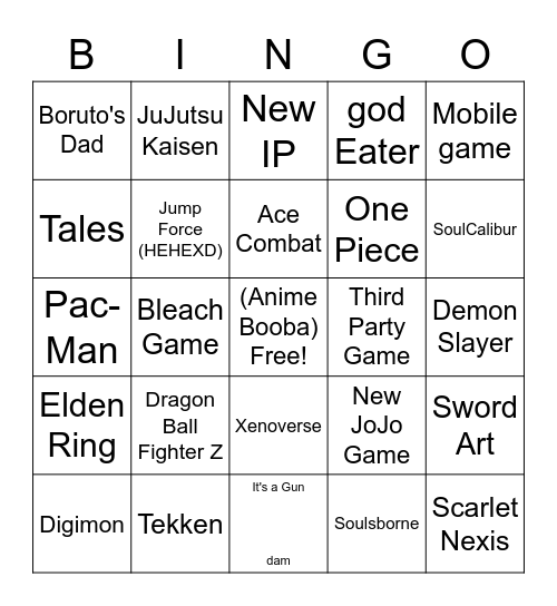 Bandi Namco Bingo Card