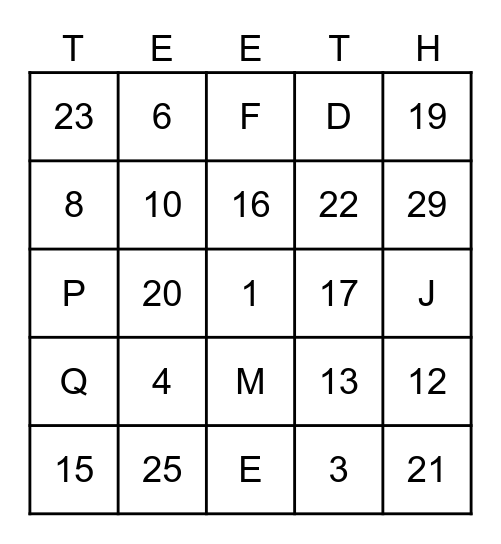 MIXED DENTITION BINGO Card