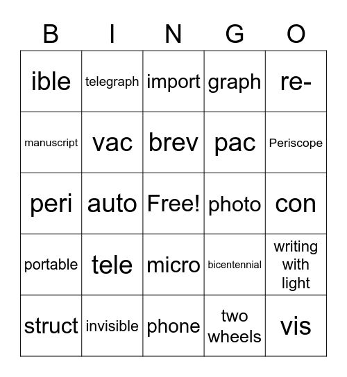 Latin and Greek Roots  Bingo Card