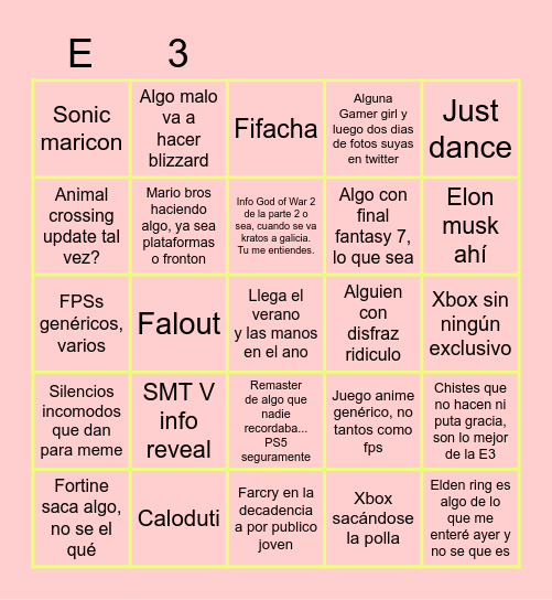 E3 2021 Bingo Card