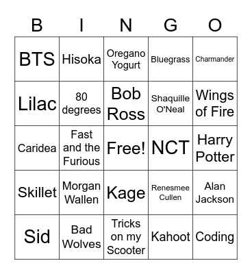 Favorite Things Bingo Card