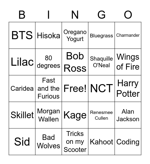Favorite Things Bingo Card