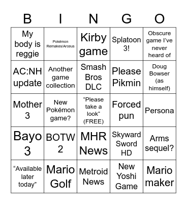 Nintendo Direct E3 2021 Bingo Card